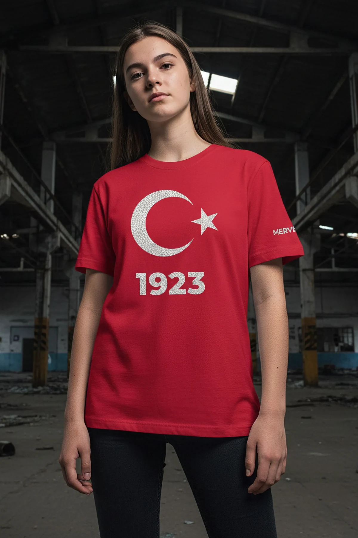 Red t-shirt detail of the '1923' crystal text