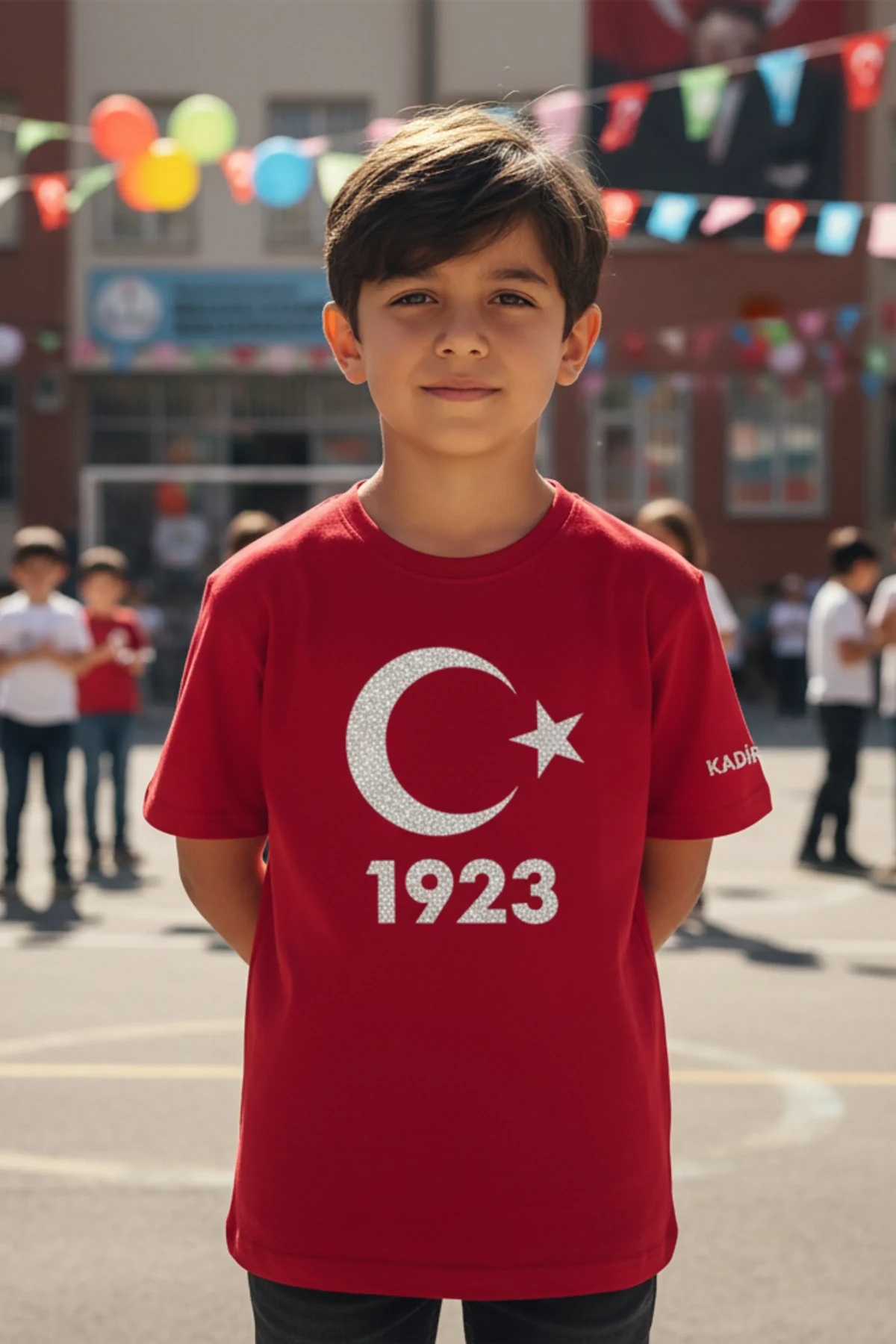 Red crescent moon and star holiday shirt with 1923 graphic on sleeve
