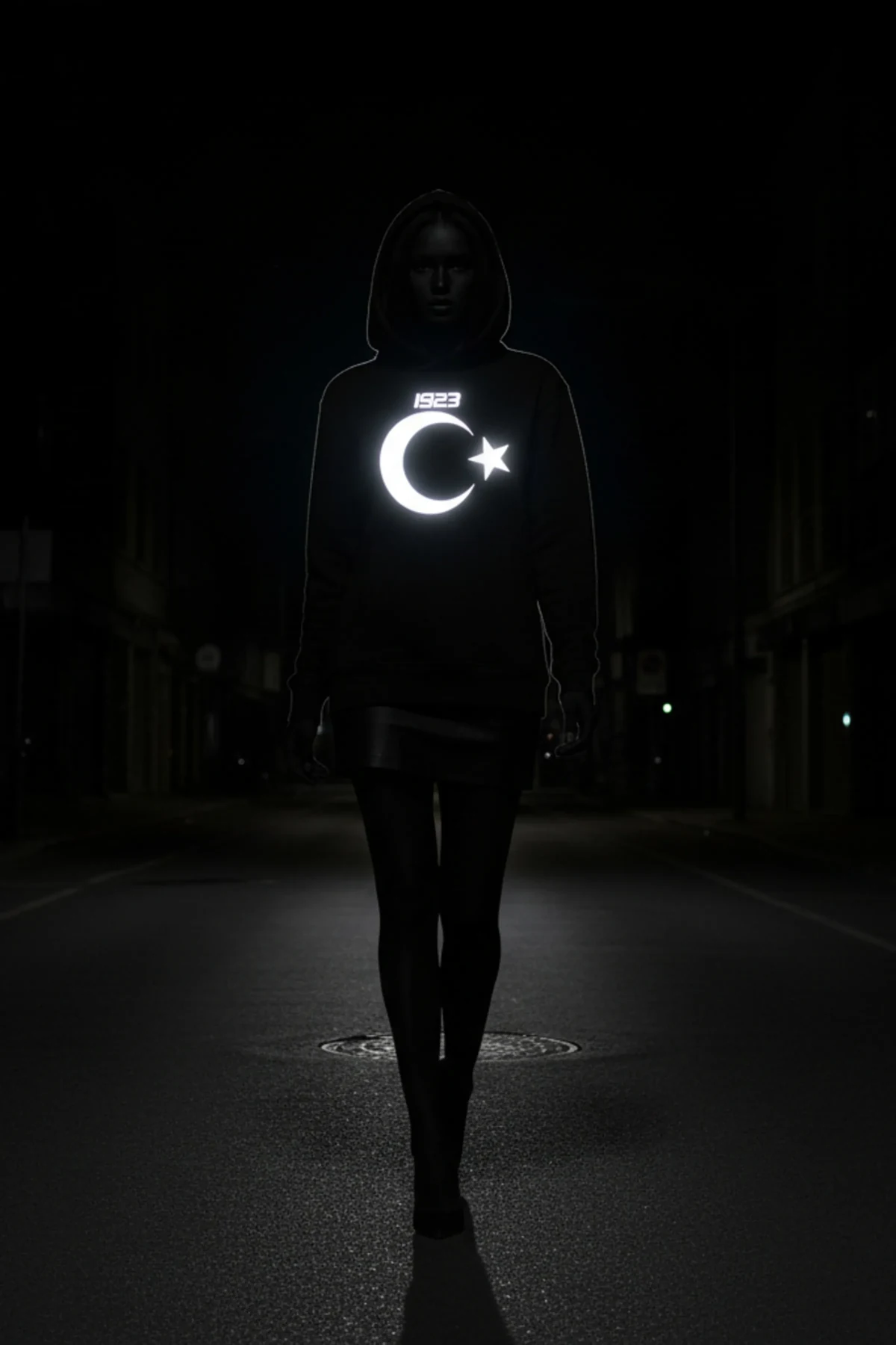 Sparkling crescent moon hoodie outfit featuring a reflected moon and star graphic
