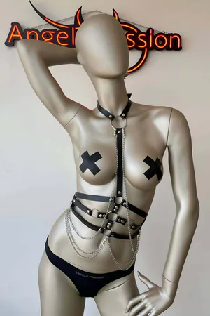 Body Harness with Chains - Adjustable Leather Look Straps for Women