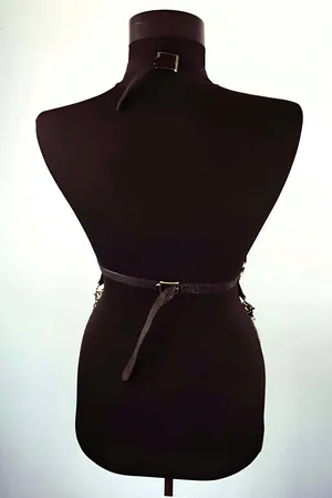 Black Faux Leather Body Harness with Chains and O-Rings Adjustable