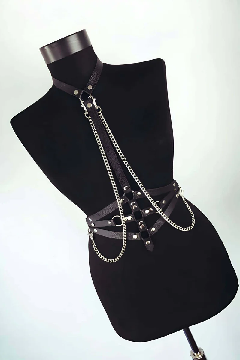 Sexy Body Harness with Chains - Adjustable Faux Leather Chest Straps