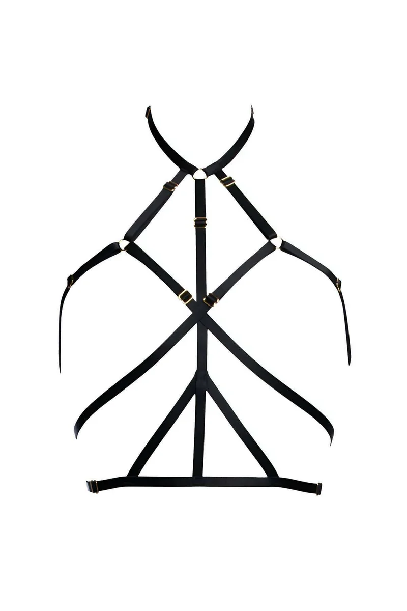 Sexy Black Harness Lingerie Set with Gold Details