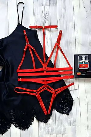 Red Strappy Harness Lingerie Set – Adjustable Bralette & Thong