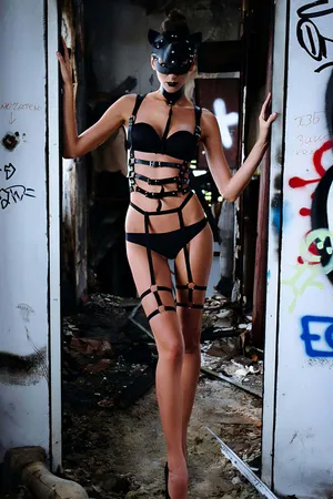 Harness Lingerie Set with Garters - Faux Leather Full Body Strappy