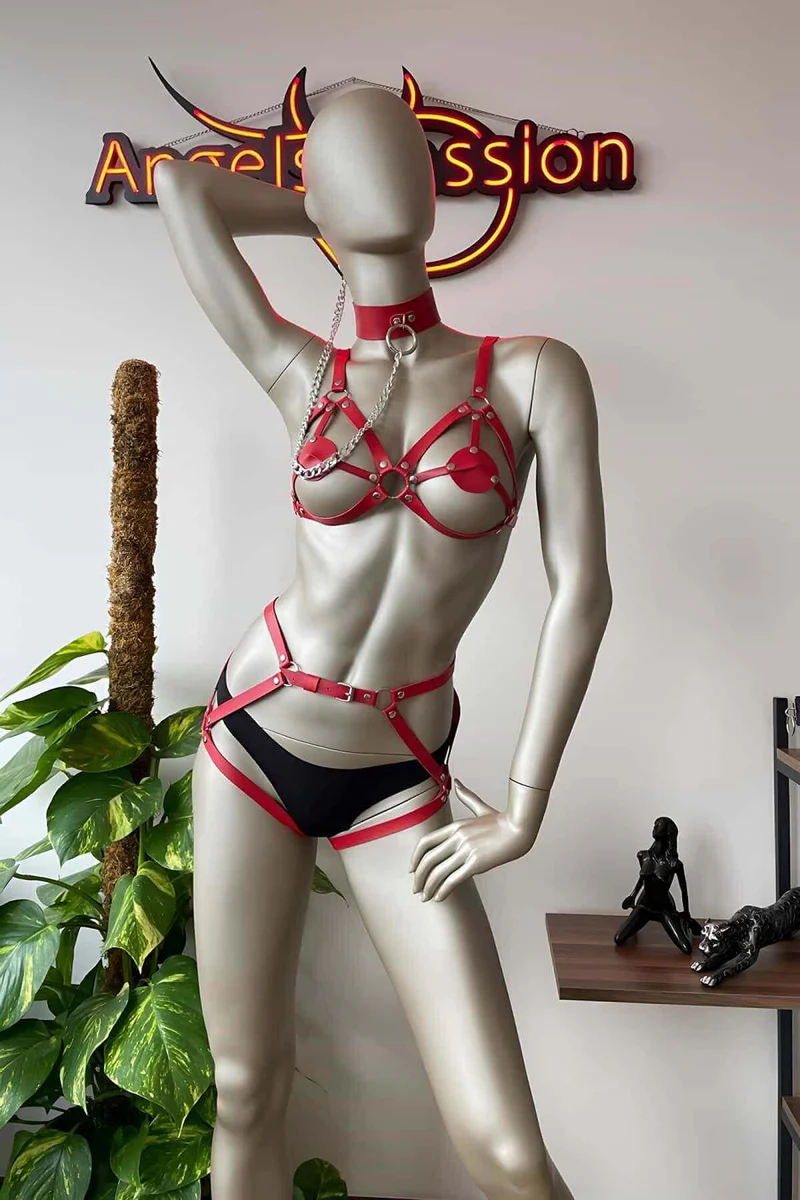 Red Vegan Leather Harness Set Front View Adjustable