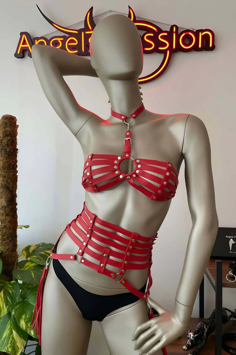 Festival red vegan leather caged lingerie set