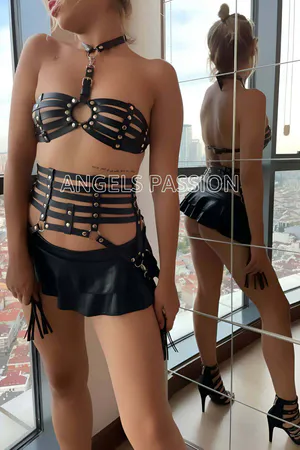 Black Faux Leather Body Harness Set with Silver Studs, Caged Style