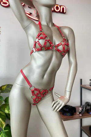 Red Leather Harness Lingerie Set - Sexy Bra & Thong Outfit