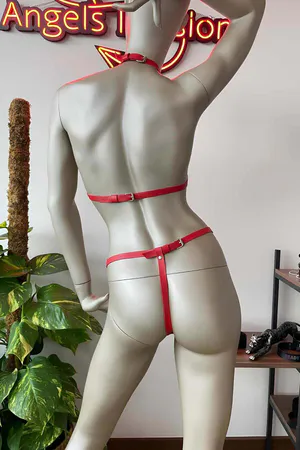 Red Leather Harness Lingerie Set - Sexy Bra & Thong Outfit