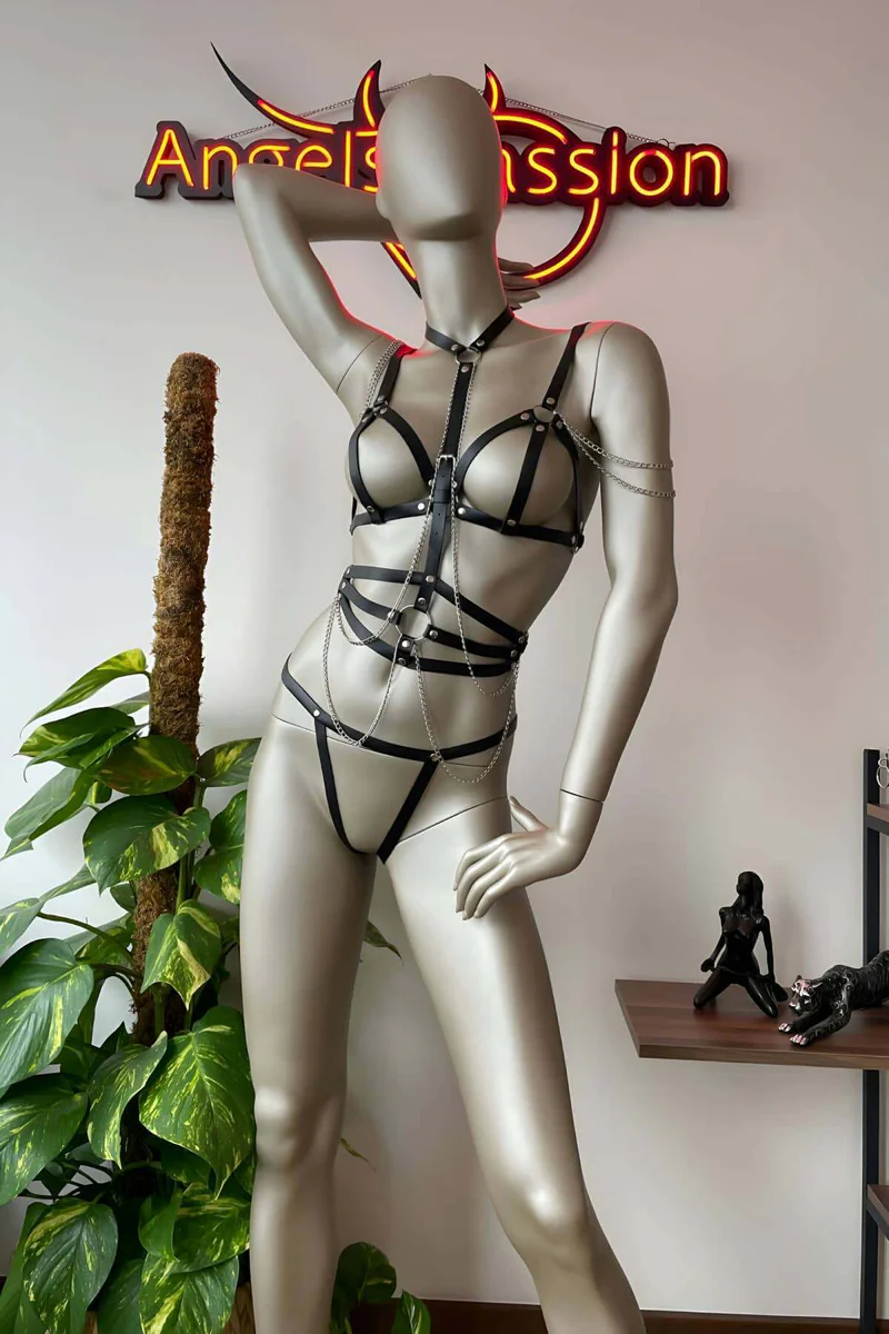 Faux Leather Body Harness Set with Chains & Adjustable Straps