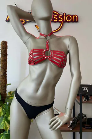 Red Faux Leather Chest Harness Bra | Adjustable & Studded Design