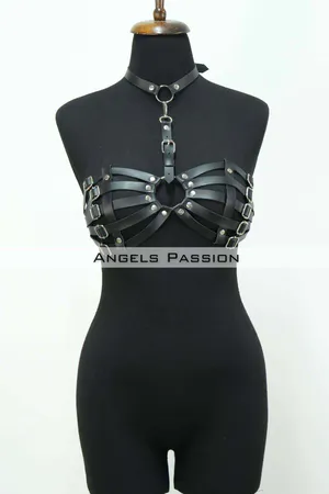 Faux Leather Chest Harness Bra - Adjustable Straps for Women