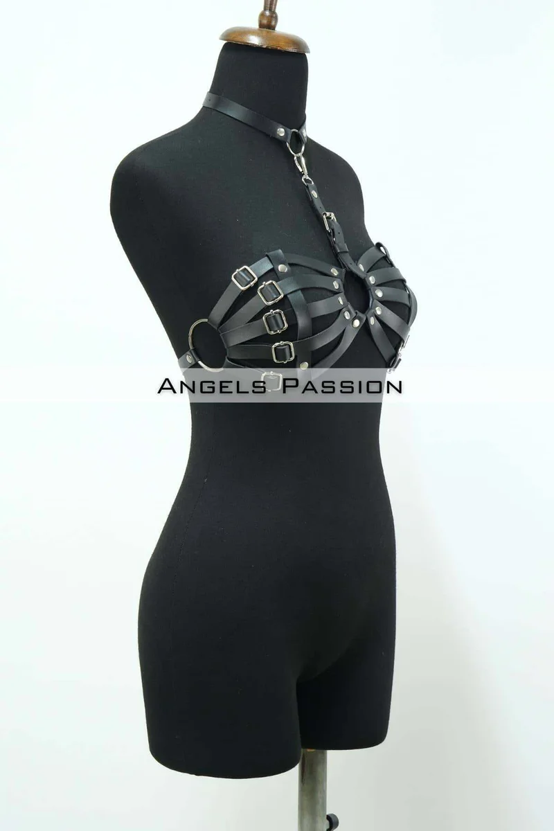 Faux Leather Chest Harness Bra - Adjustable Straps for Women