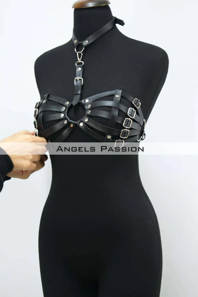 Faux Leather Chest Harness Bra - Adjustable Straps for Women