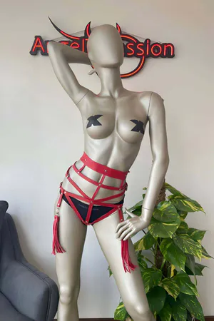 Red Faux Leather Body Harness with Tassel Garter Straps