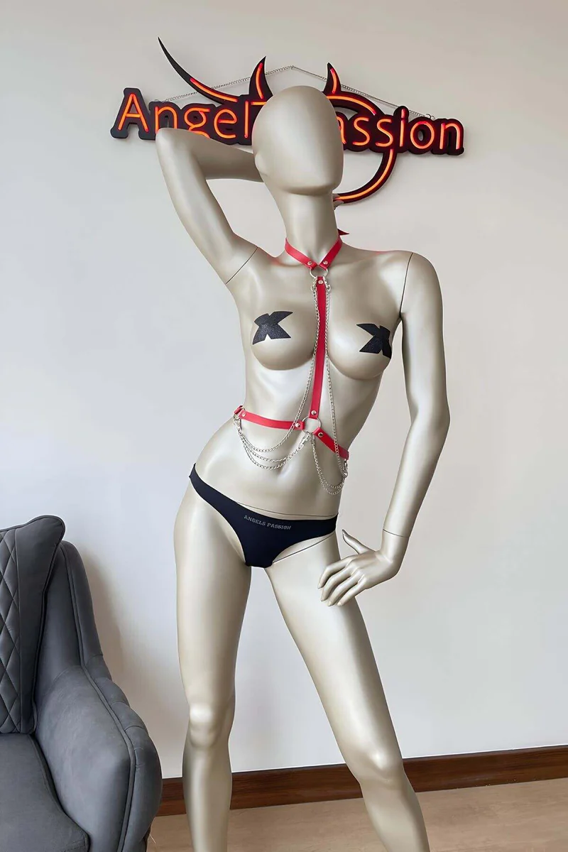 Dual-Tone Faux Leather Chest Harness - Adjustable Black & Red Straps