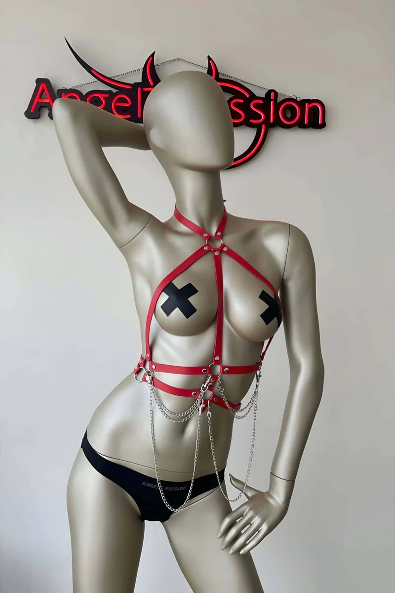 Red Chest Harness with Draping Chains | Faux Leather Body Accessory