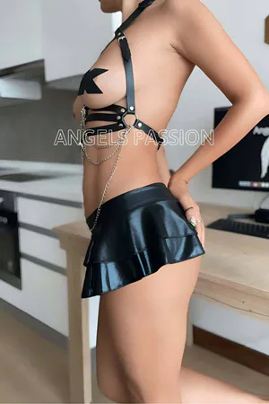 Chest Harness with Draping Silver Chains - Faux Leather Body Wear
