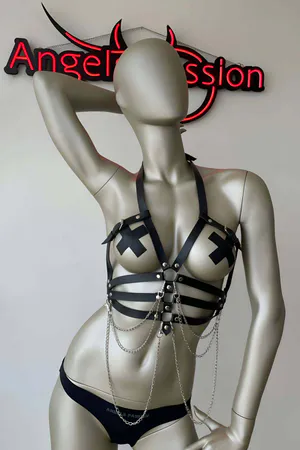 Chest Harness with Draping Silver Chains - Faux Leather Body Wear