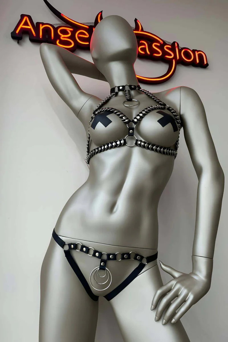 Sexy Studded Harness Set - Daring Bra & Thong Lingerie