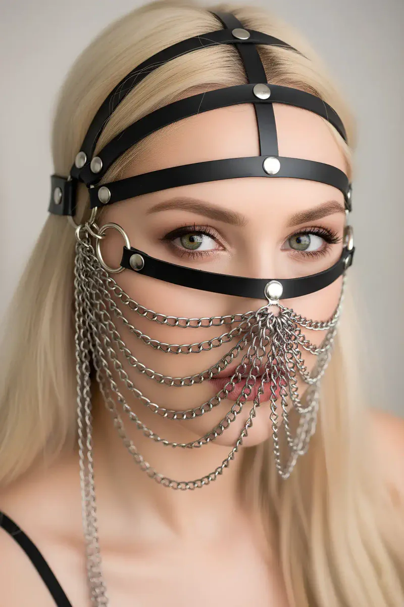 Black Faux Leather Face Veil Head Harness with Silver Chains Draping Over Face