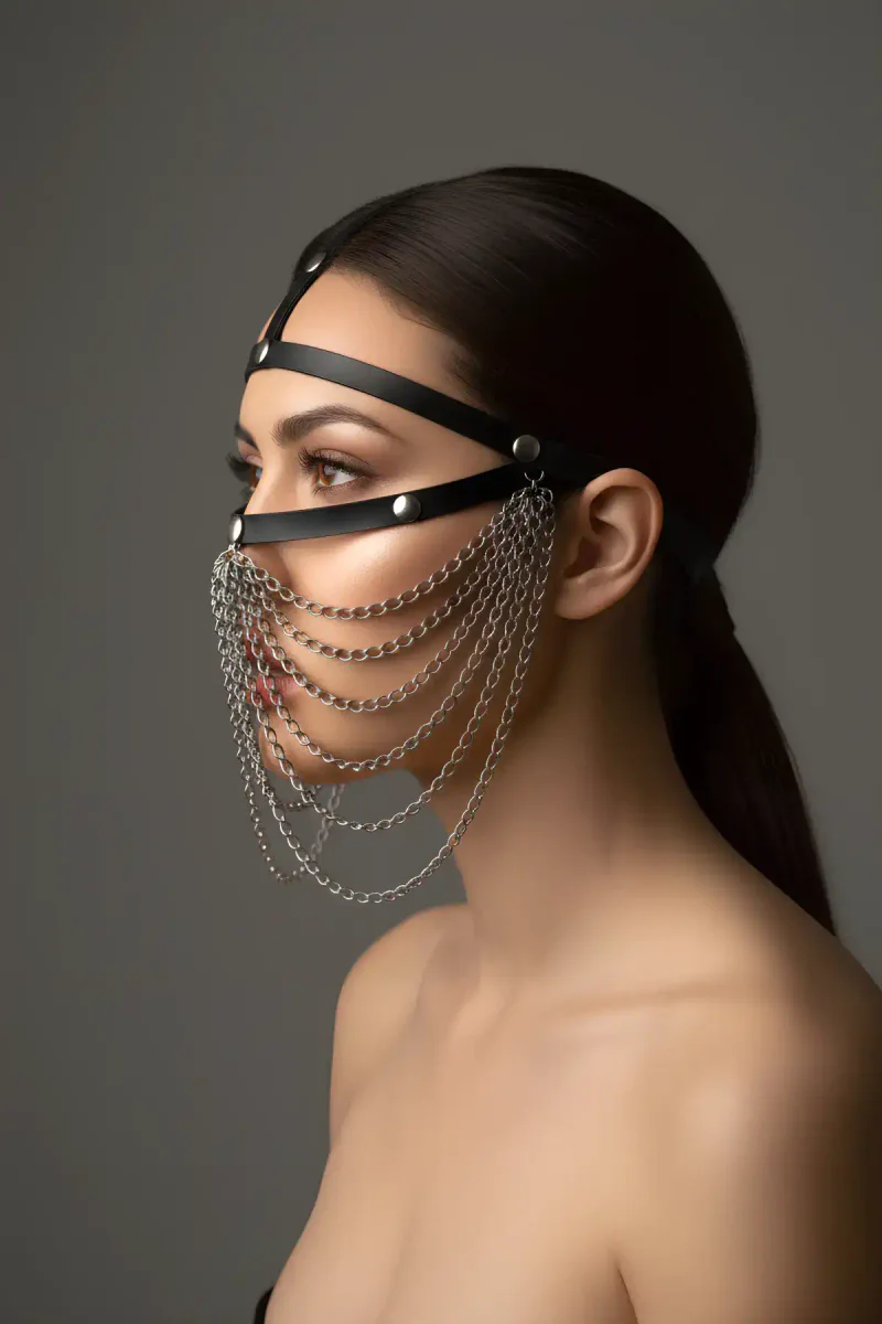 Women's Face Veil Headpiece Side Profile with Silver Metal Chains