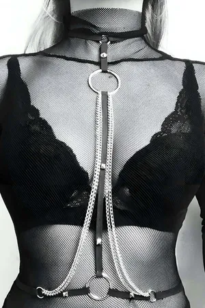 Leather Chain Chest Harness - Adjustable Gothic Body Jewelry
