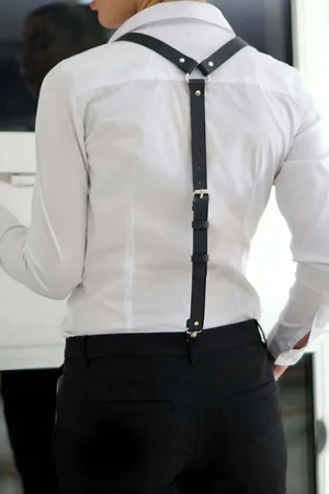 Faux Leather Suspenders Harness Black Back Harness Belt Adjustable Straps Silver Hardware