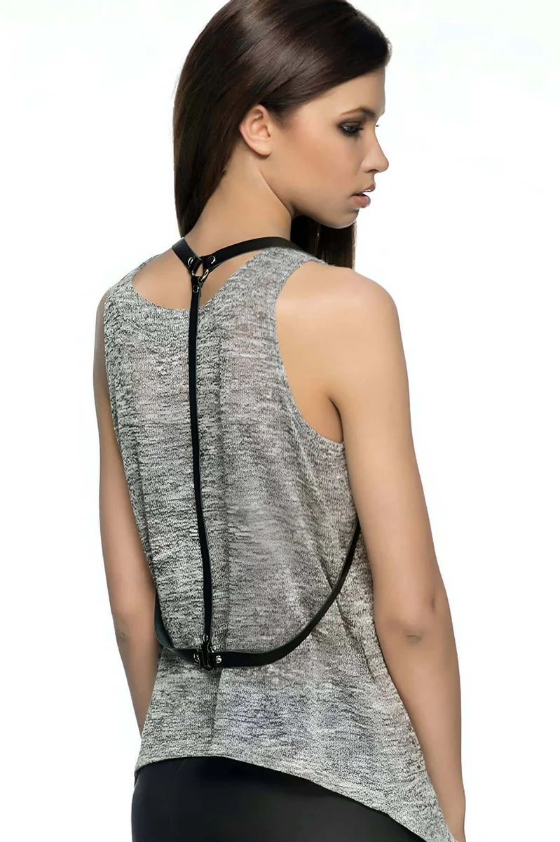 Black Faux Leather Minimalist Body Harness with O-Ring Back