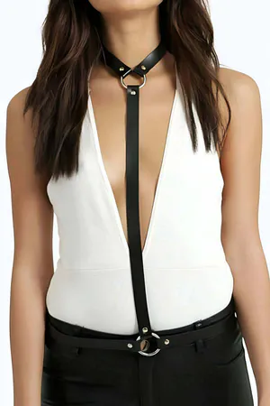 Faux Leather Body Harness with O-Ring Choker & Waist Straps