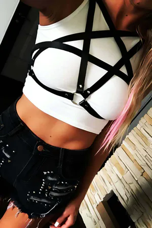 Black Faux Leather Pentagram Chest Harness for Women