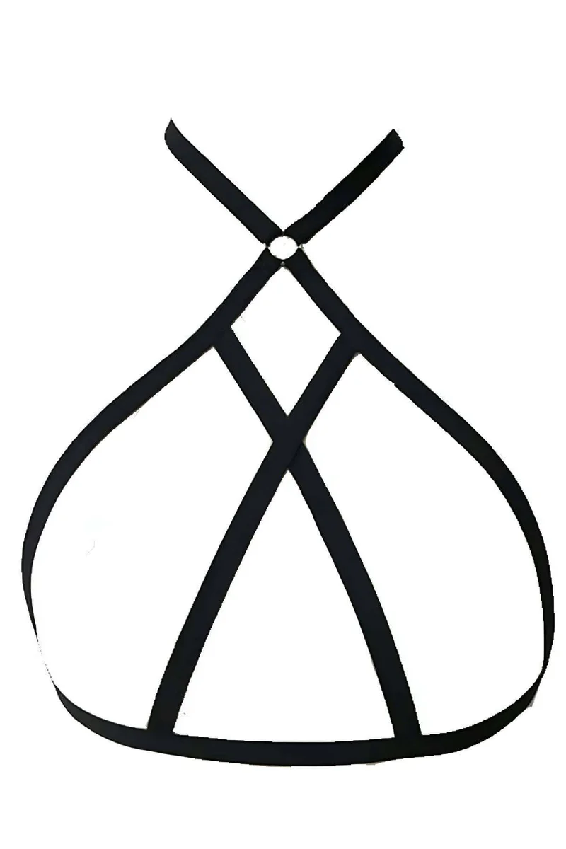 Close-up of black O-ring on strappy chest harness lingerie