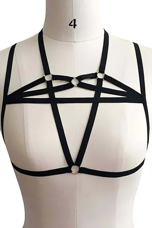 Pentagram Chest Harness Top for Women - Stylish Black Strappy Design