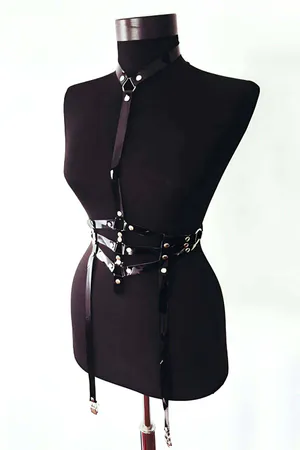 Faux Leather Body Harness with Garter Straps - Adjustable