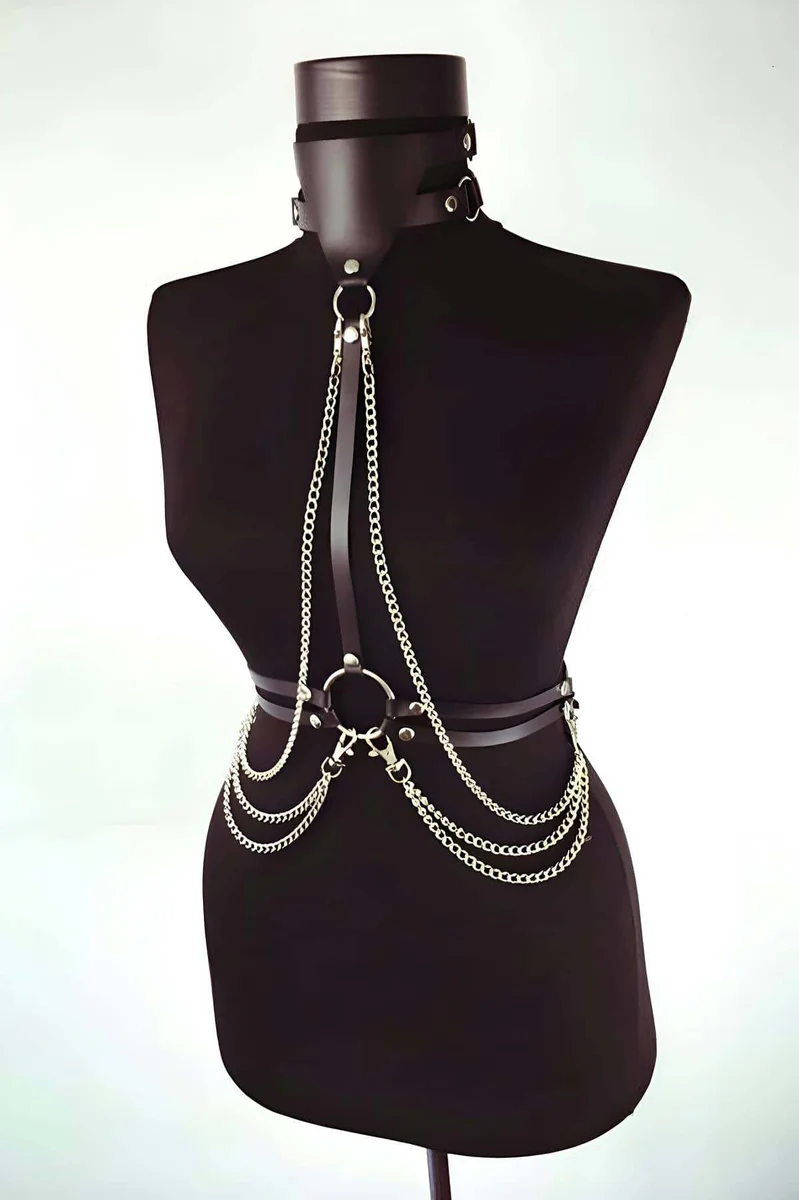 Faux Leather Chest Harness with Chains - Adjustable Body Harness