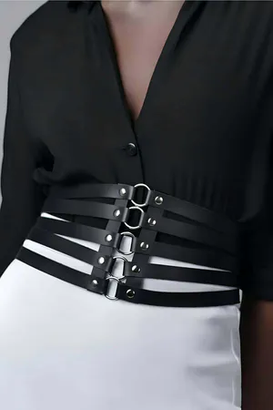 Black Faux Leather Multi-Strap Waist Cincher Belt Silver O-Rings