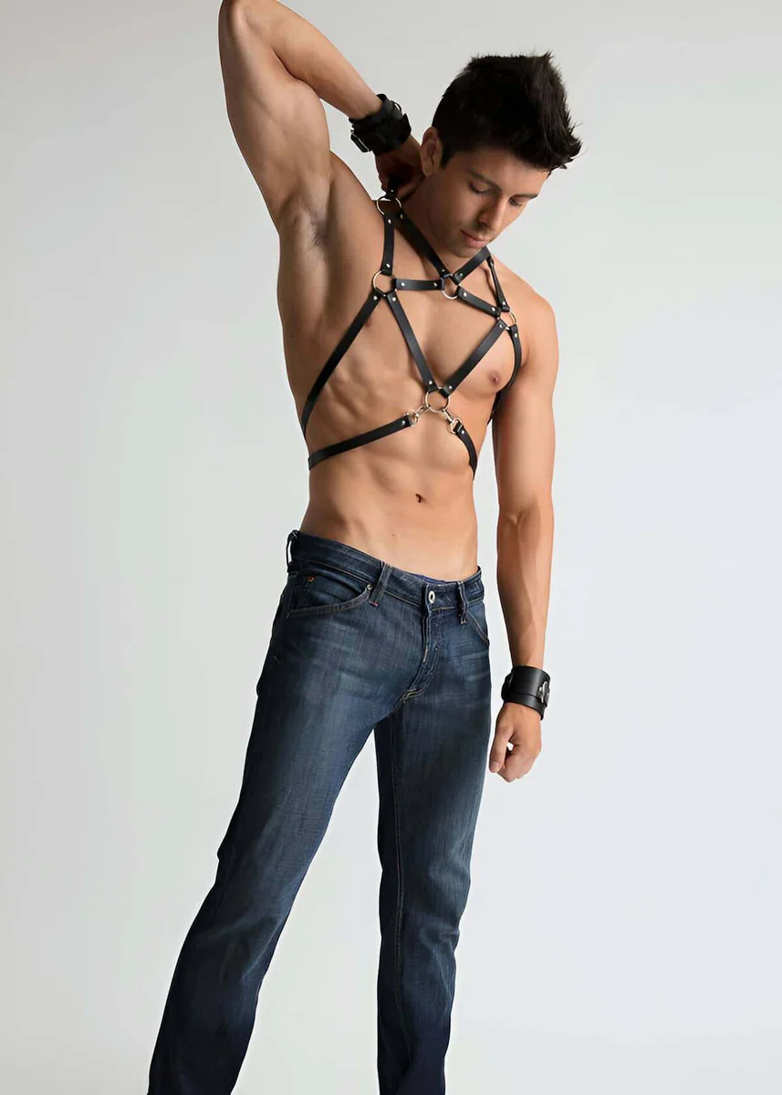 Black Vegan Leather Chest Harness Front