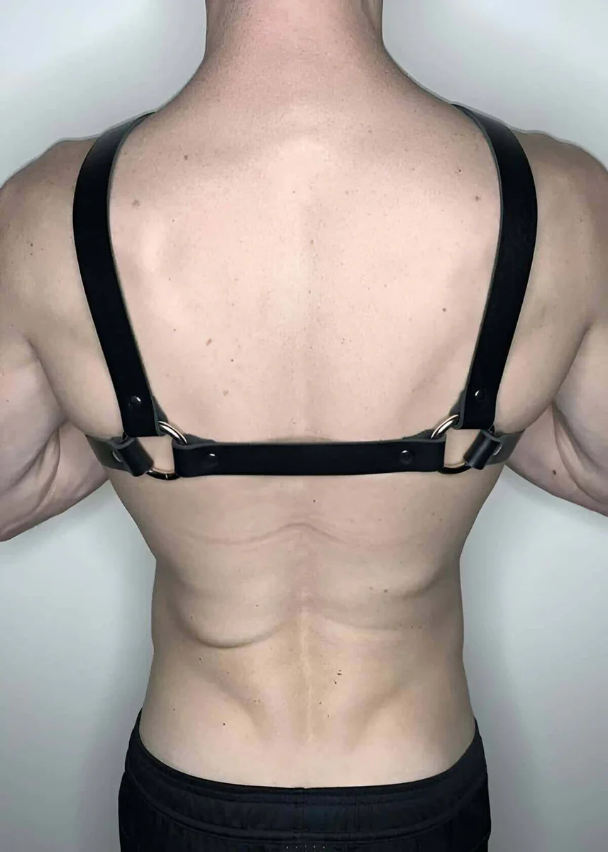 Men's Harness Black Faux Leather Chest Strap with O-Rings