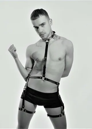 Black Faux Leather Full Body Harness with Collar and Thigh Straps on male model
