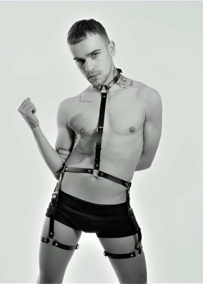 Black Faux Leather Full Body Harness with Collar and Thigh Straps on male model