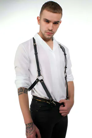 Black Faux Leather Body Harness for Trousers Adjustable Straps Silver Hardware