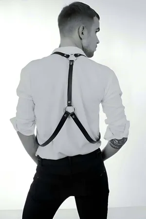 Black Faux Leather Body Harness for Trousers Adjustable Straps Silver Hardware