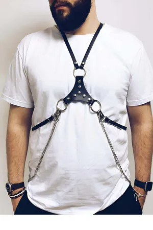 Black Faux Leather Studded Chest Harness for Men with Detachable Chains