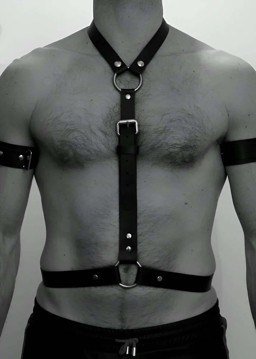 Black vegan leather chest harness front view