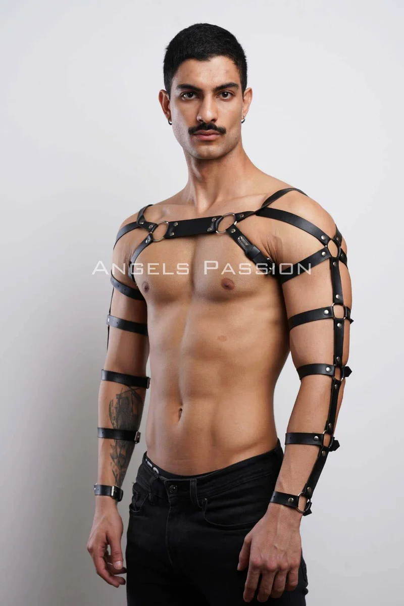 Men's Leather Chest and Arm Harness - Adjustable Body Wear