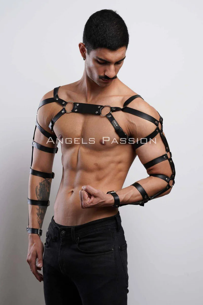 Men's Leather Chest and Arm Harness - Adjustable Body Wear
