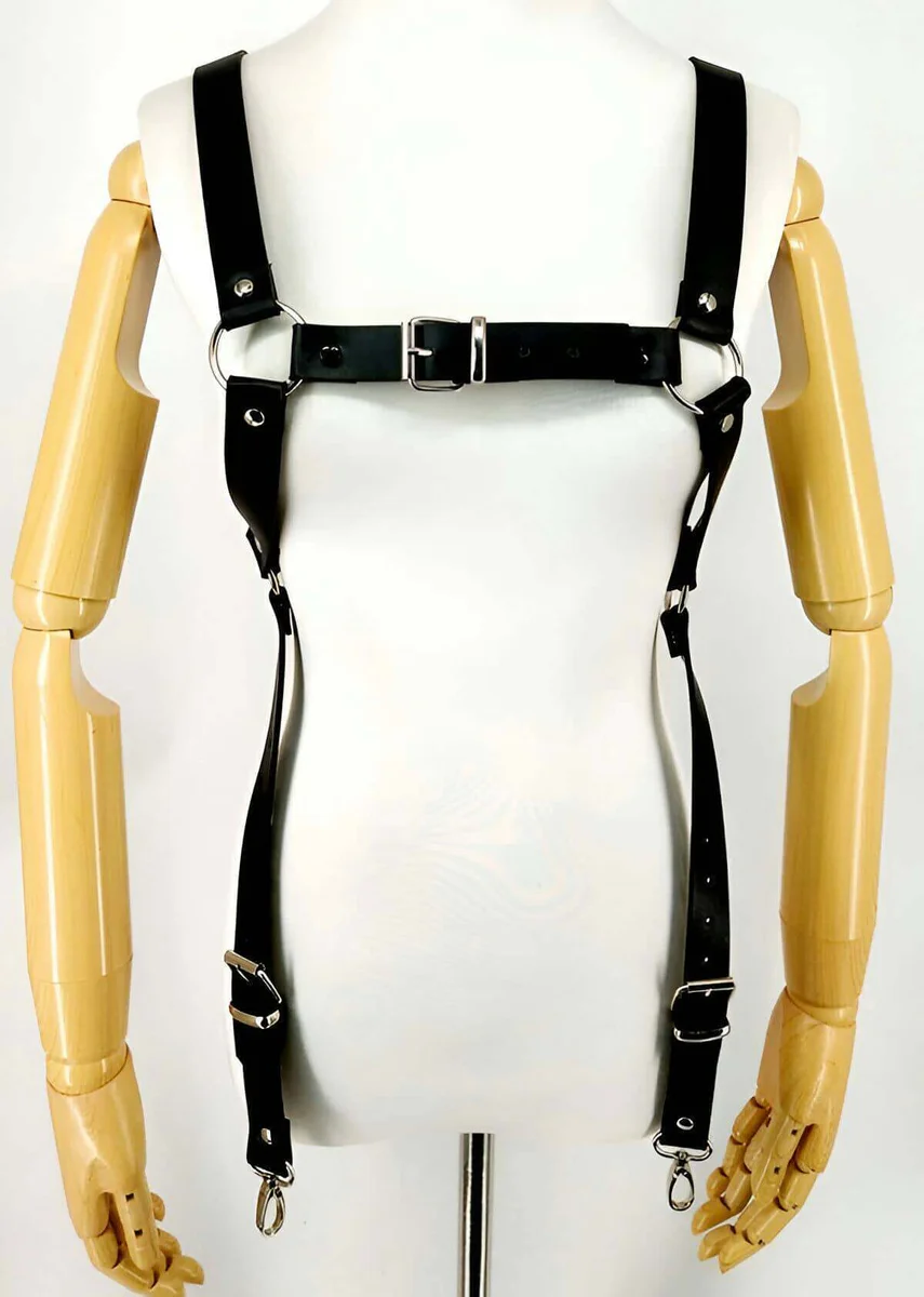 Black Vegan Leather Chest Harness Back View