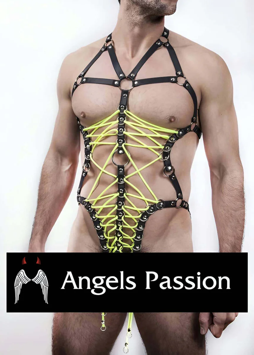 Black faux leather full body harness with neon yellow lacing and silver O-rings