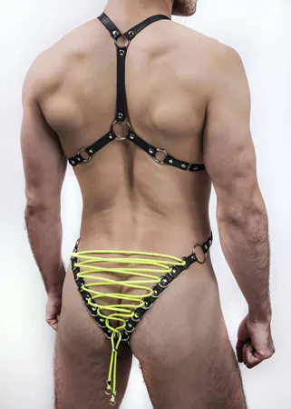Black Faux Leather Full Body Harness Neon Yellow Lacing Silver Hardware